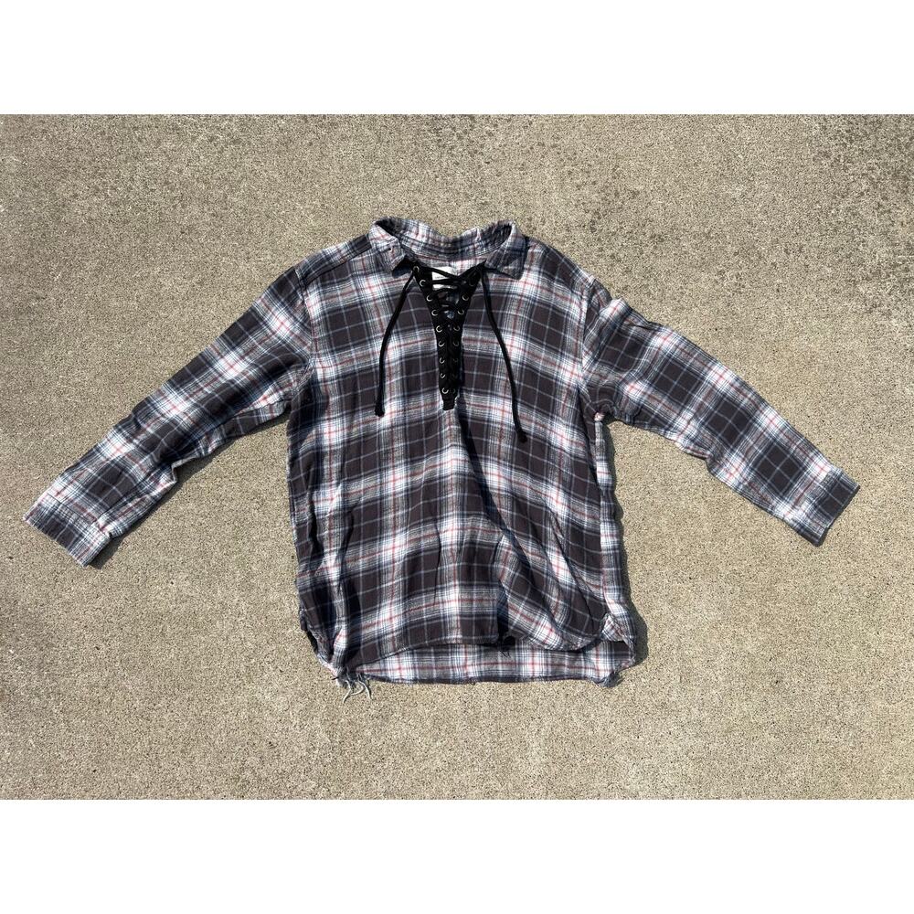 American Eagle XL Plaid‎ Distressed Blouse Grunge Streetwear Boho Long Sleeve